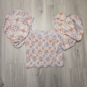 Anthropologie Dolan Left Coast Smocked Puff Sleeve Top - Geo Floral - Size Small
